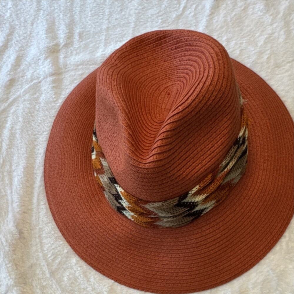 Curations Orange Wide Brim Fedora Hat for Women, Woven Band, Paper, One Size